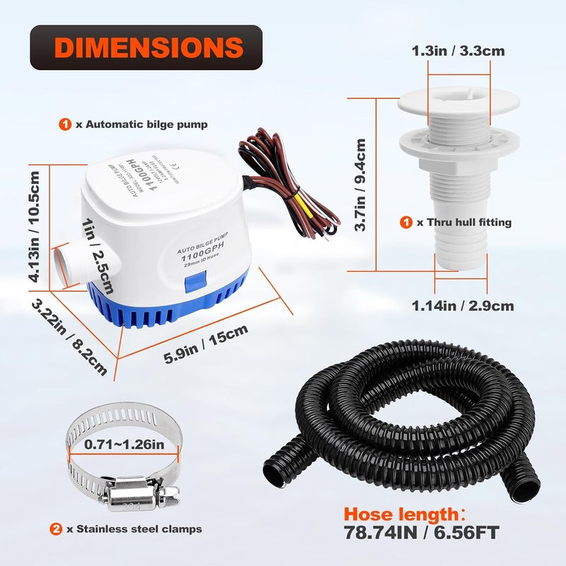 FILTERUP 1100 GPH Automatic Boat Bilge Water Pump 12V, 1-1/8 Inch Dia Bilge Pump Plumbing Kit with 6FT Hose, 2 Clamps, Thru-Hull Fitting, Ideal for Fishing Boats, Cruisers, Runabouts, Yachts - Image 2